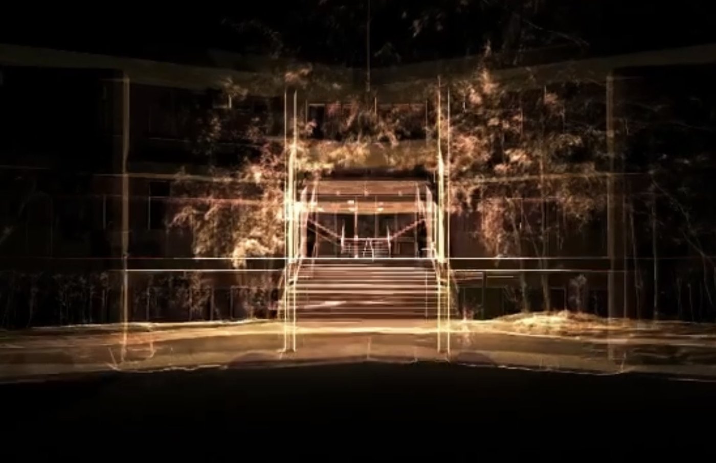Still from Dead Matter video: glowing amber point cloud of a building entrance with central stairs framed by trees
