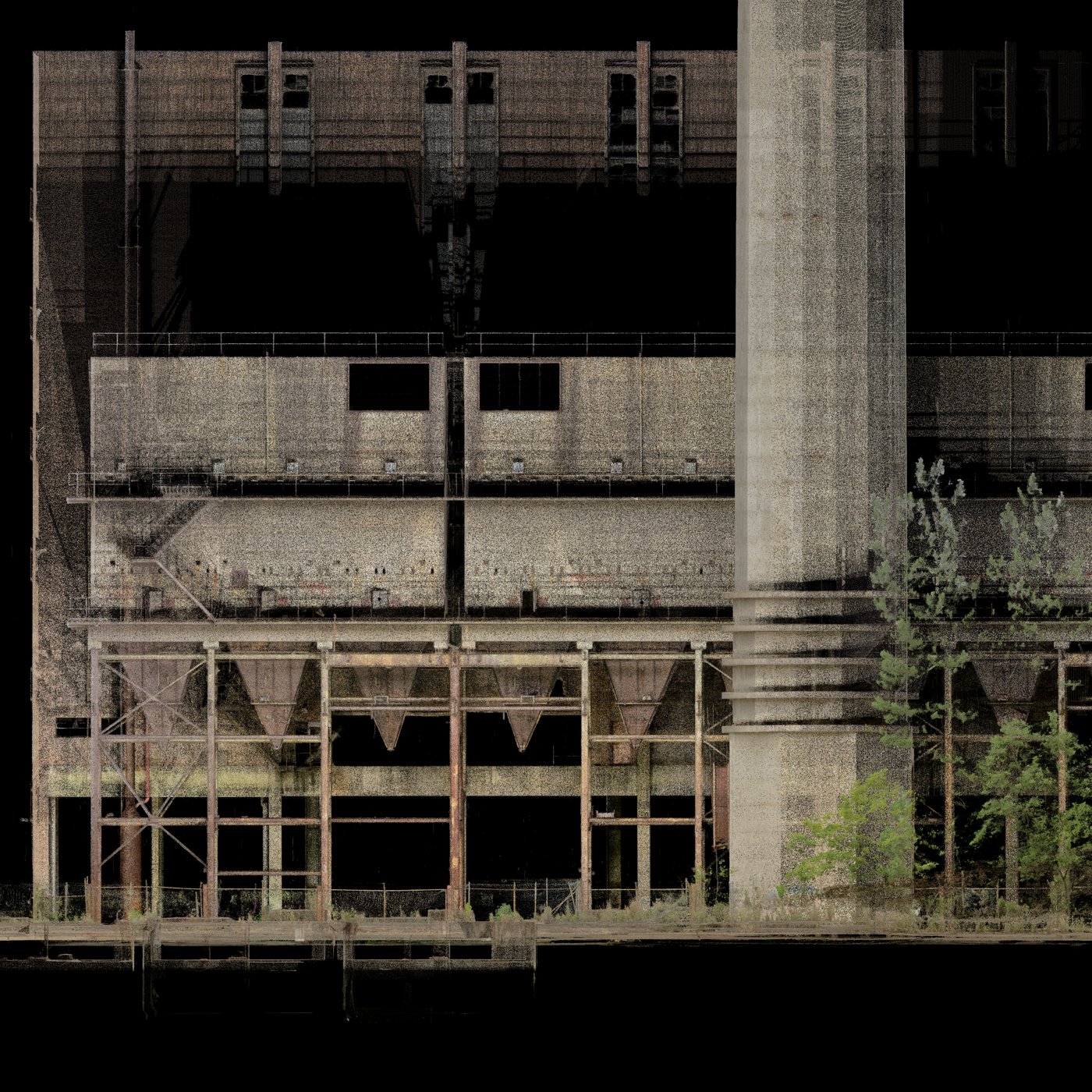 Wangi Power Station: point cloud elevation of the disused power station with concrete walls, rusted steel frames, hoppers and a chimney, trees growing at its base